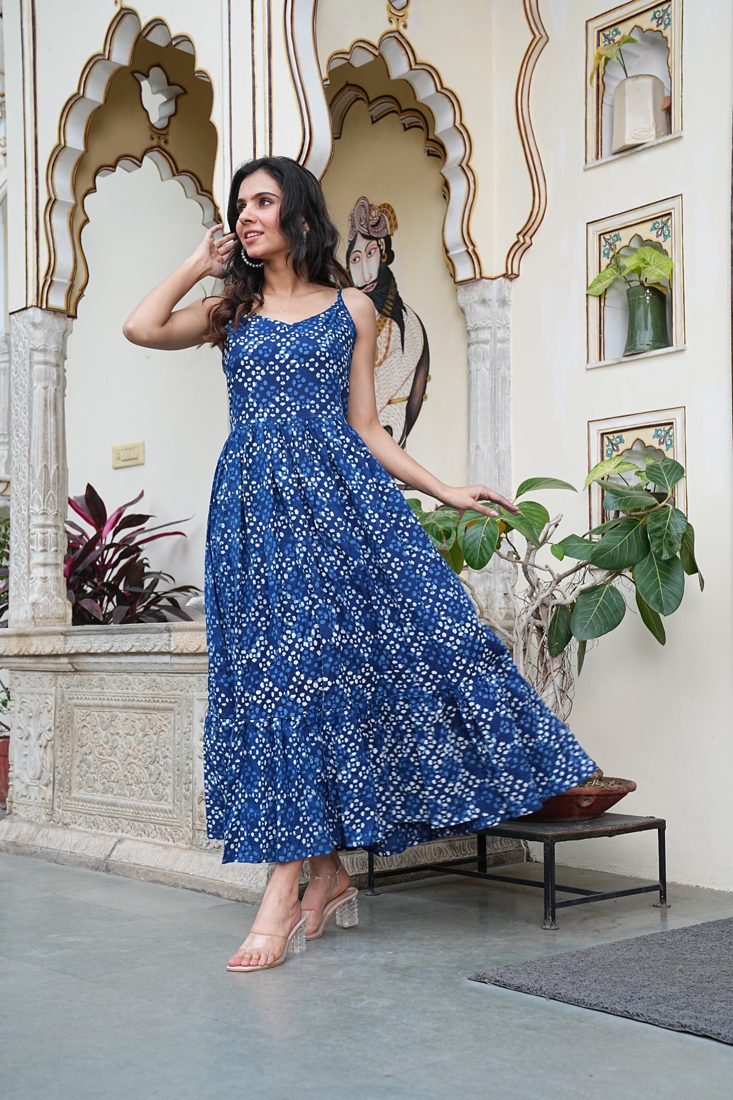 Summer-Ready Handblock Long Dress – Sleeveless Bagru Print-Noodle Strap One Piece