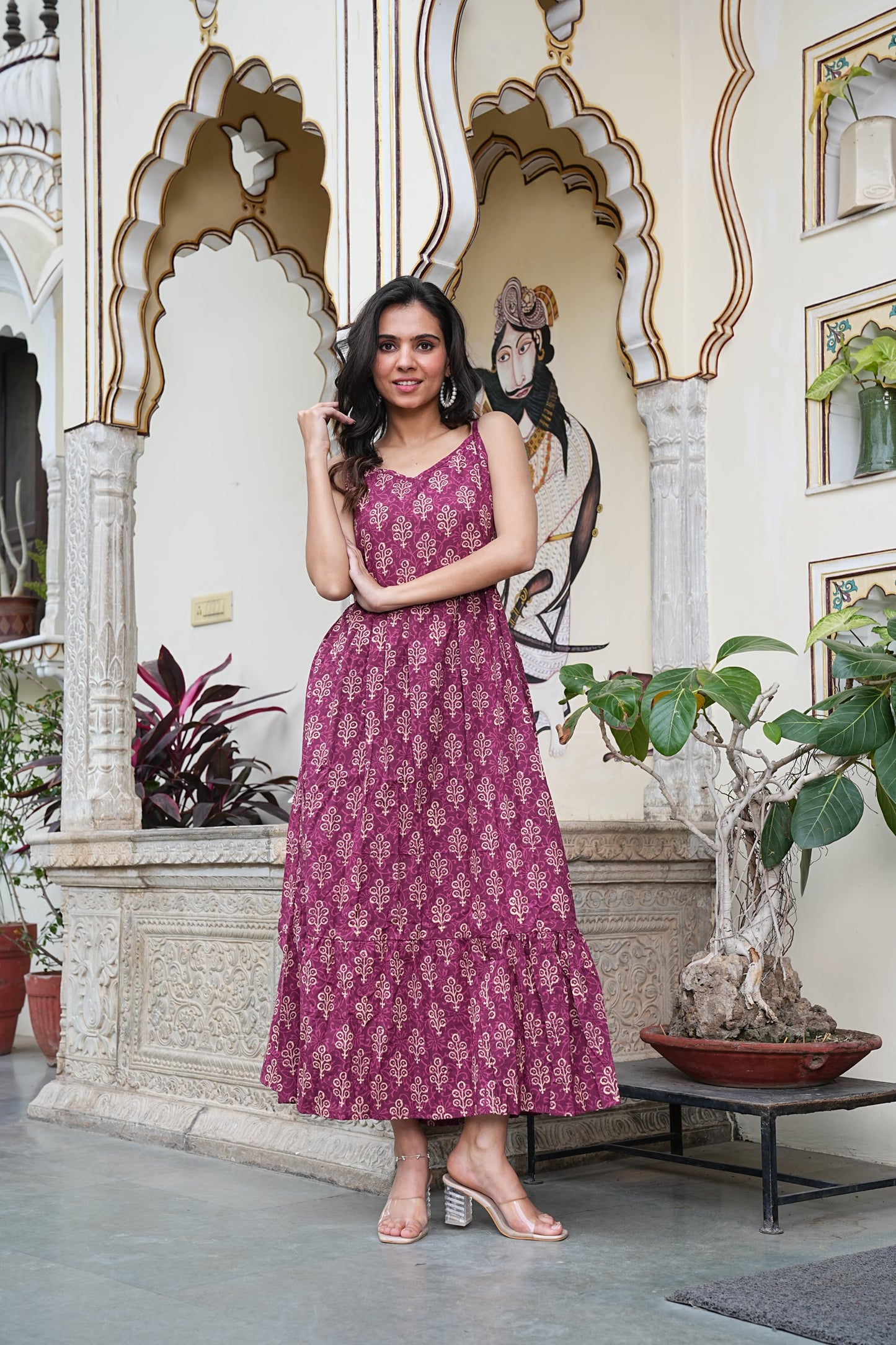 Summer-Ready Handblock Long Dress – Sleeveless Bagru Print-Noodle Strap One Piece