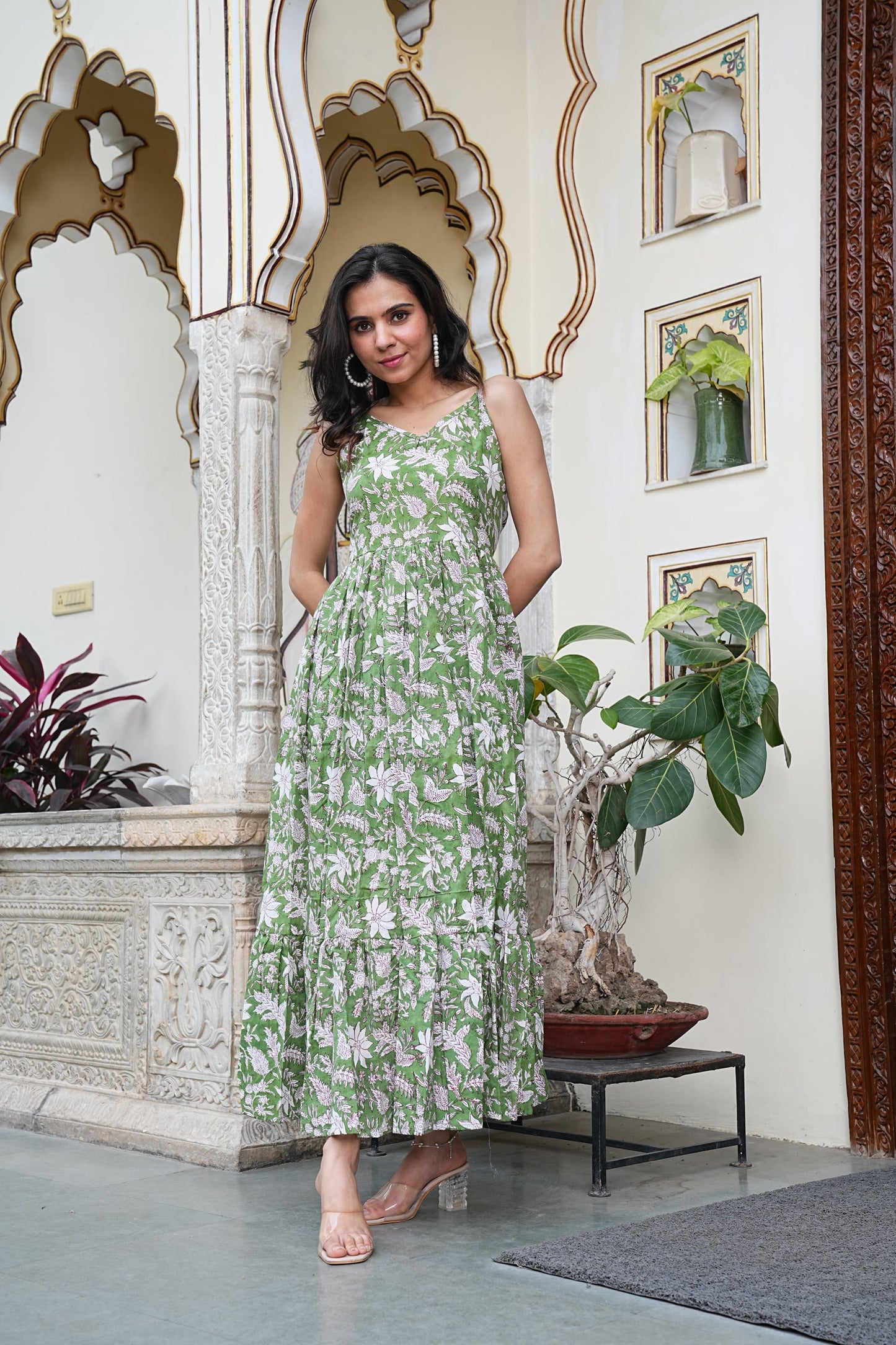 Summer-Ready Handblock Long Dress – Sleeveless Bagru Print-Noodle Strap One Piece