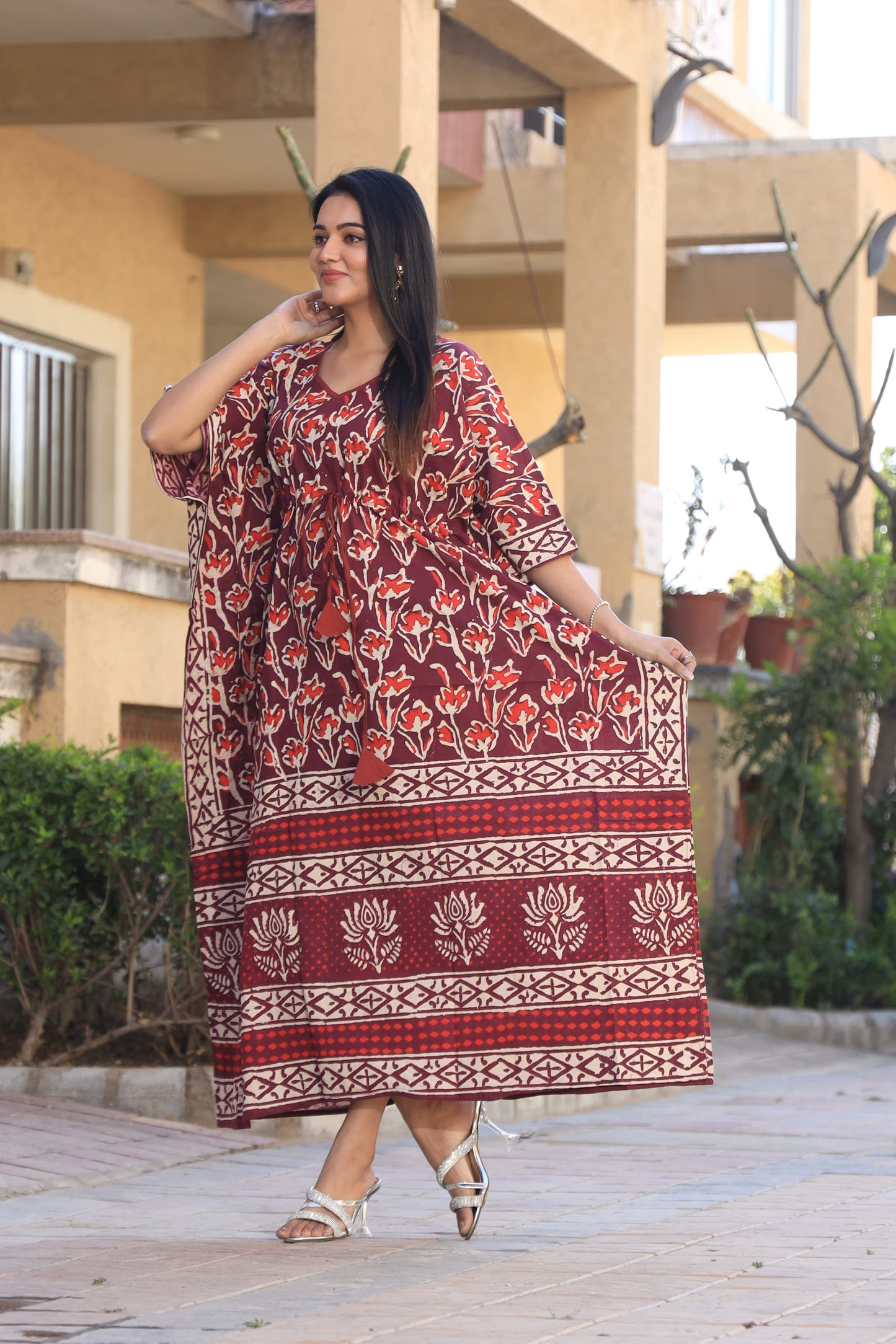 Relaxed Cotton Kaftan – Authentic Handblock Print & Natural Colors