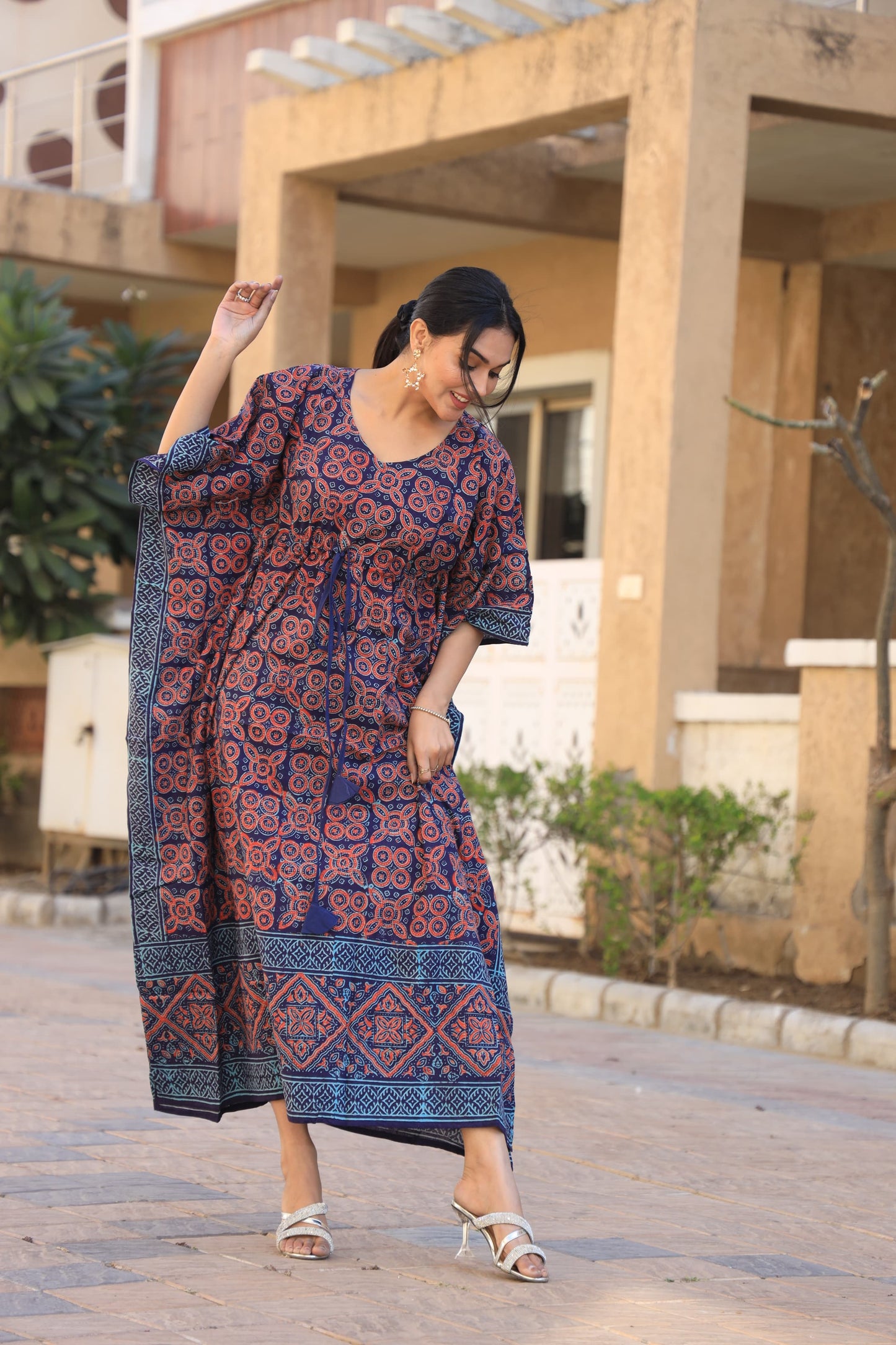Relaxed Cotton Kaftan – Authentic Handblock Print & Natural Colors