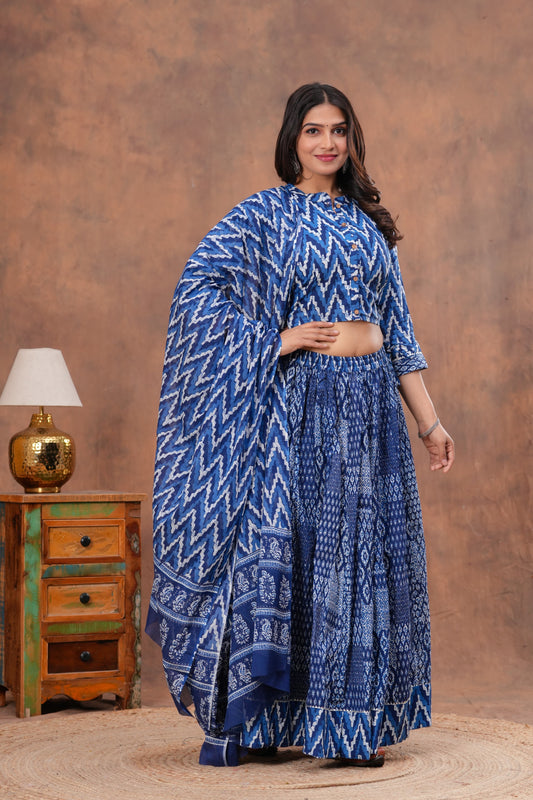 Handblock Printed Cotton Chaniya Choli Set – Designer Top, 28 Kali Skirt & Mulmul Dupatta | SIZE XS to 6XL | House of the Handblock Jaipur