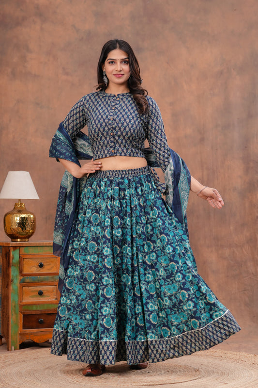 Handblock Printed Cotton Chaniya Choli Set – Designer Top, 28 Kali Skirt & Mulmul Dupatta | SIZE XS to 6XL | House of the Handblock Jaipur