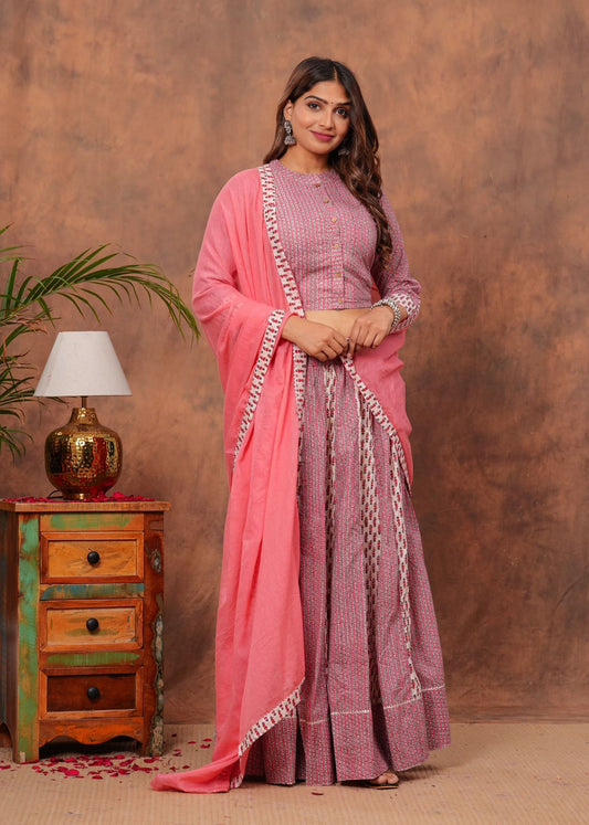 Handblock Printed Cotton Chaniya Choli Set – Designer Top, 28 Kali Skirt & Mulmul Dupatta | SIZE XS to 6XL | House of the Handblock Jaipur