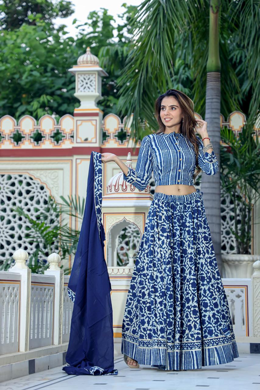 Handblock Printed Cotton Chaniya Choli Set – Designer Top, 28 Kali Skirt & Mulmul Dupatta | SIZE XS to 6XL | House of the Handblock Jaipur