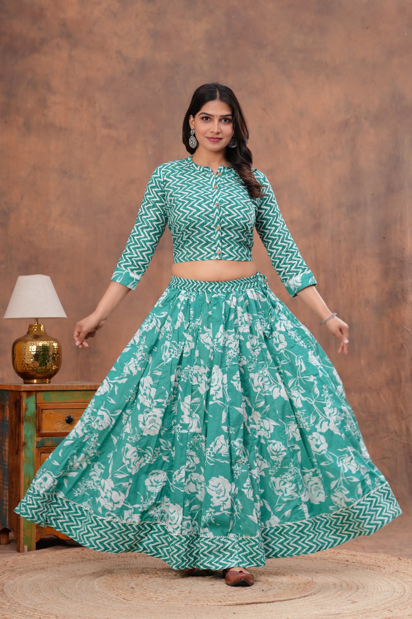 Handblock Printed Cotton Chaniya Choli Set – Designer Top, 28 Kali Skirt & Mulmul Dupatta | SIZE XS to 6XL | House of the Handblock Jaipur