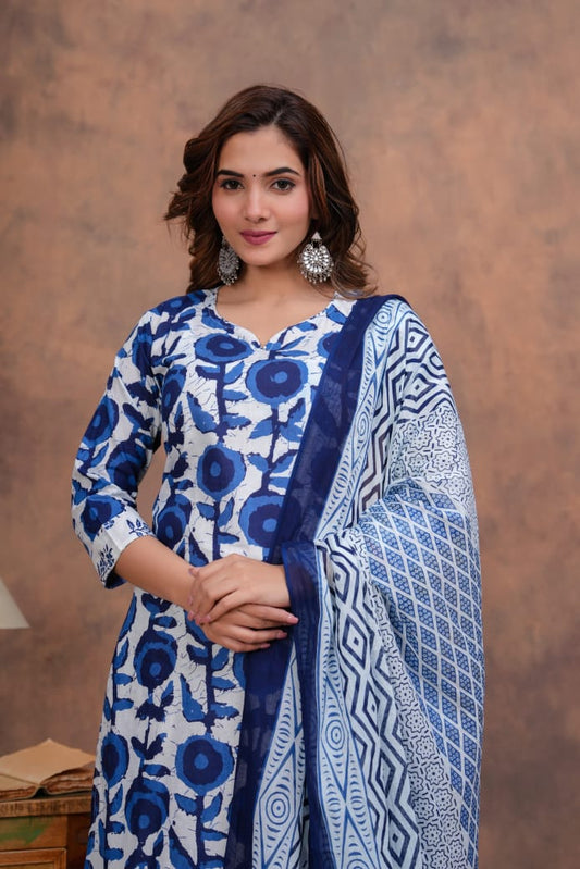 Exclusive Jaipuri Printed Cotton Kurti Set with Printed Plazo & Dupatta | Pure 60×60 Cotton- House Of The Handblock