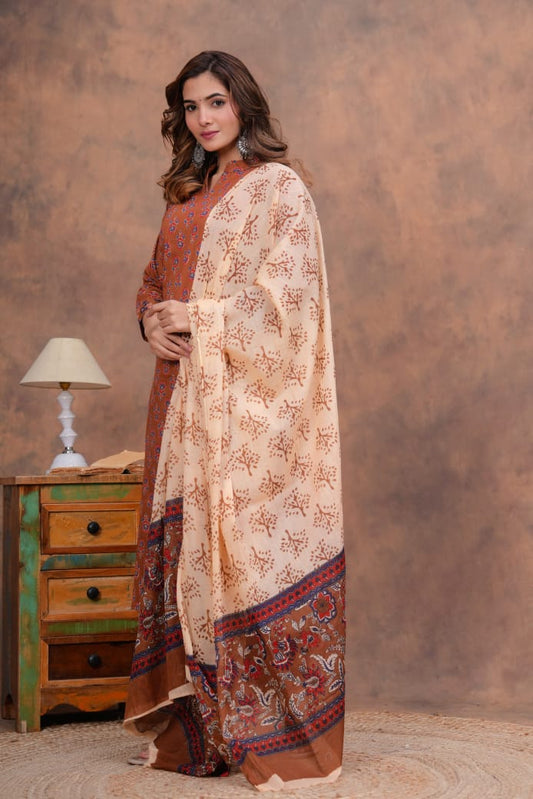 Exclusive Jaipuri Printed Cotton Kurti Set with Printed Plazo & Dupatta | Pure 60×60 Cotton- House Of The Handblock