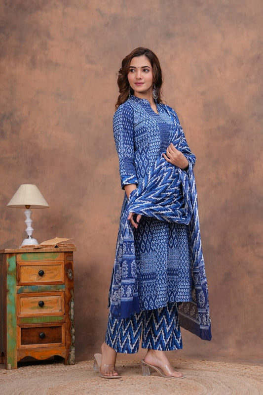 Exclusive Jaipuri Printed Cotton Kurti Set with Printed Plazo & Dupatta | Pure 60×60 Cotton- House Of The Handblock