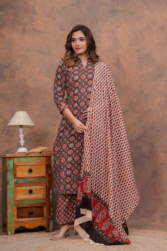 Exclusive Jaipuri Printed Cotton Kurti Set with Printed Plazo & Dupatta | Pure 60×60 Cotton- House Of The Handblock