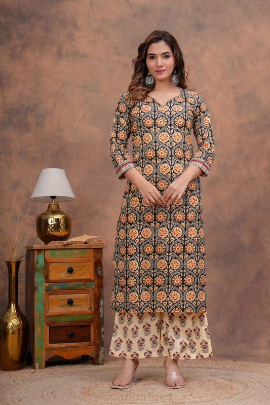 Exclusive Jaipuri Printed Cotton Kurti Set with Printed Plazo & Dupatta | Pure 60×60 Cotton- House Of The Handblock