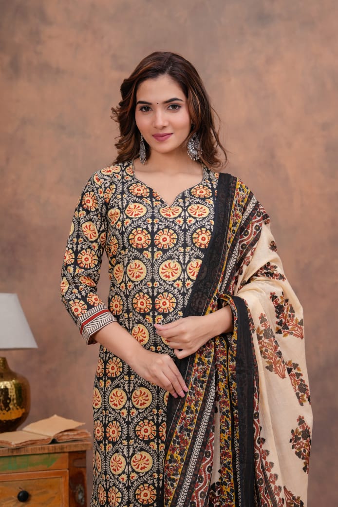 Exclusive Jaipuri Printed Cotton Kurti Set with Printed Plazo & Dupatta | Pure 60×60 Cotton- House Of The Handblock