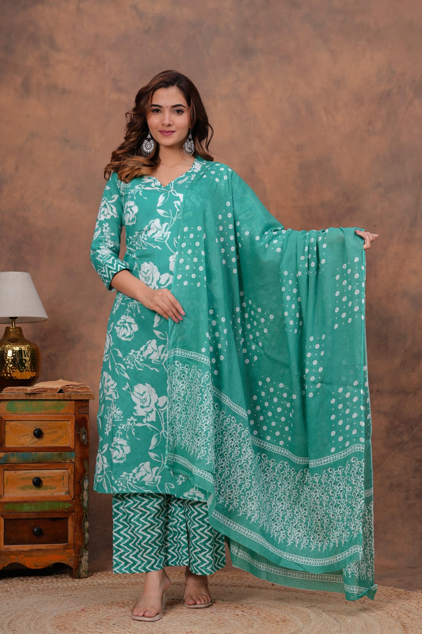 Exclusive Jaipuri Printed Cotton Kurti Set with Printed Plazo & Dupatta | Pure 60×60 Cotton- House Of The Handblock