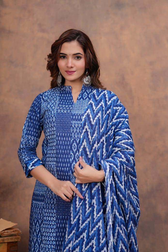 Exclusive Jaipuri Printed Cotton Kurti Set with Printed Plazo & Dupatta | Pure 60×60 Cotton- House Of The Handblock