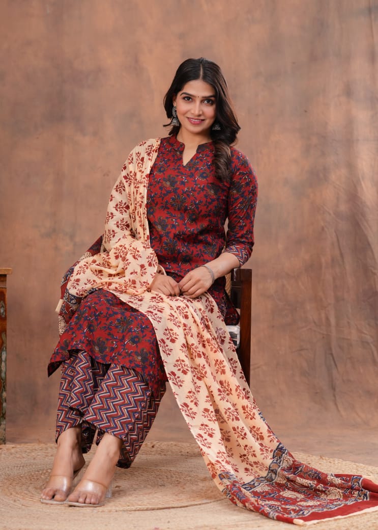 Exclusive Jaipuri Printed Cotton Kurti Set with Printed Plazo & Dupatta | Pure 60×60 Cotton- House Of The Handblock