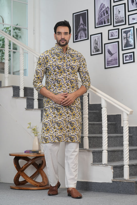 Traditional Bagru Hand Block Printed Men’s Cotton Long Kurta – Pure Cotton | House of the Handblock Jaipur