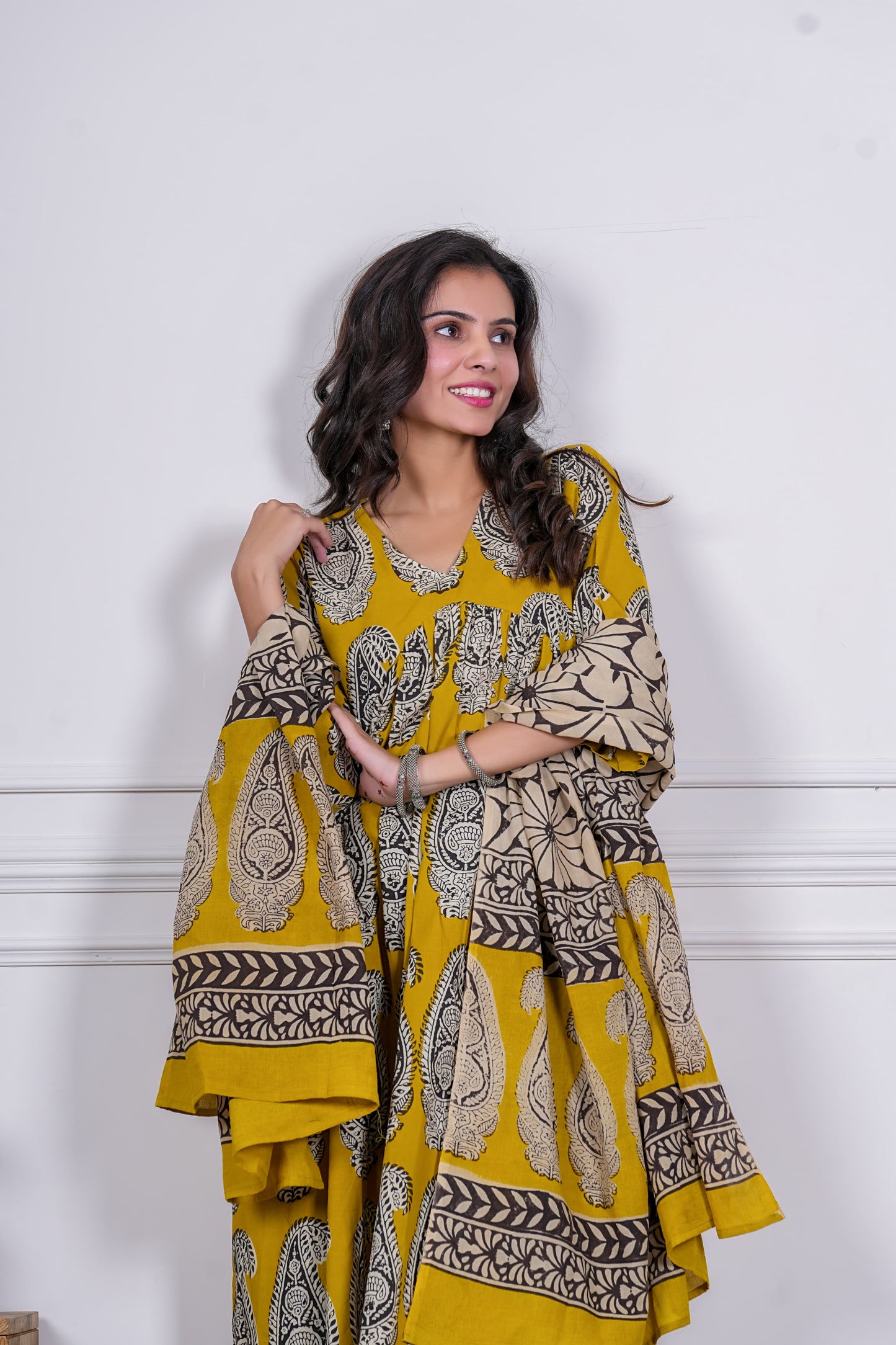 GI Tagged Handblock Printed Pure Cotton Anarkali 3-Piece Set – Premium Quality 60x60 Fabric