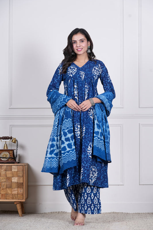 GI Tagged Handblock Printed Pure Cotton Anarkali 3-Piece Set – Premium Quality 60x60 Fabric