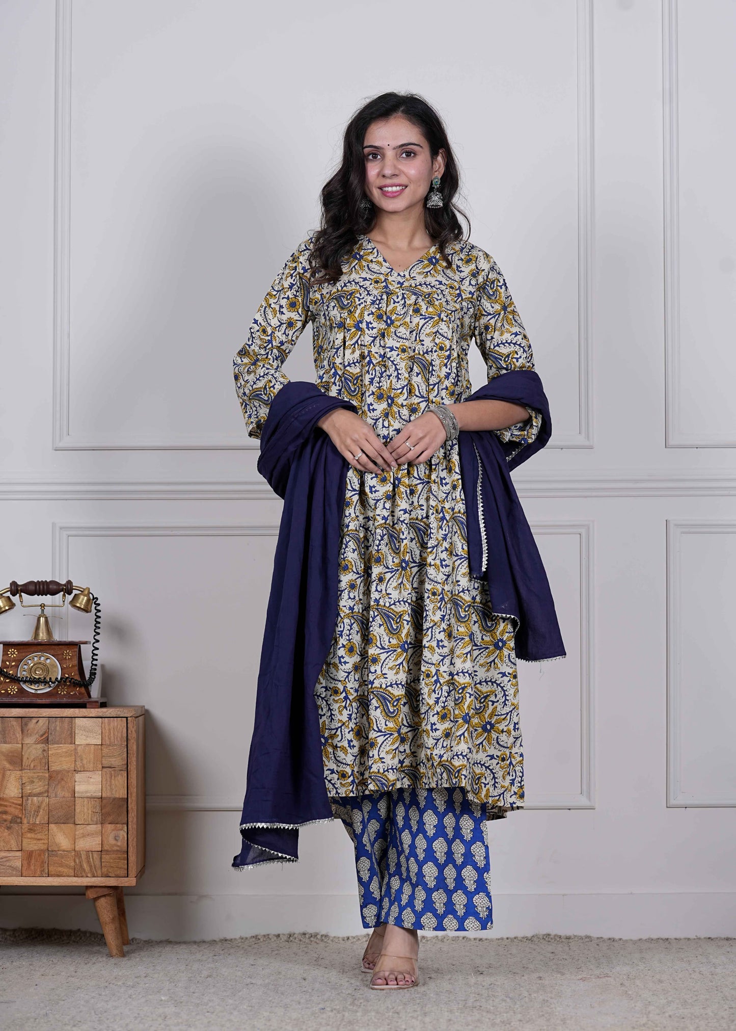 GI Tagged Handblock Printed Pure Cotton Anarkali 3-Piece Set – Premium Quality 60x60 Fabric
