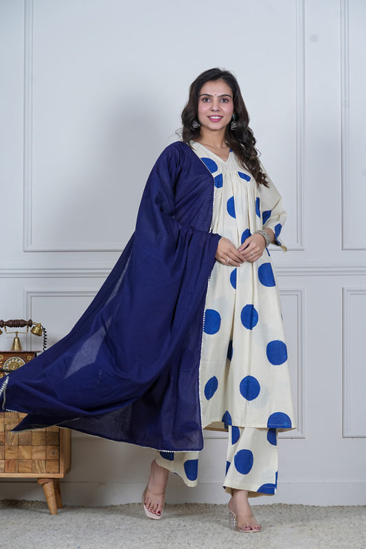 GI Tagged Handblock Printed Pure Cotton Anarkali 3-Piece Set – Premium Quality 60x60 Fabric
