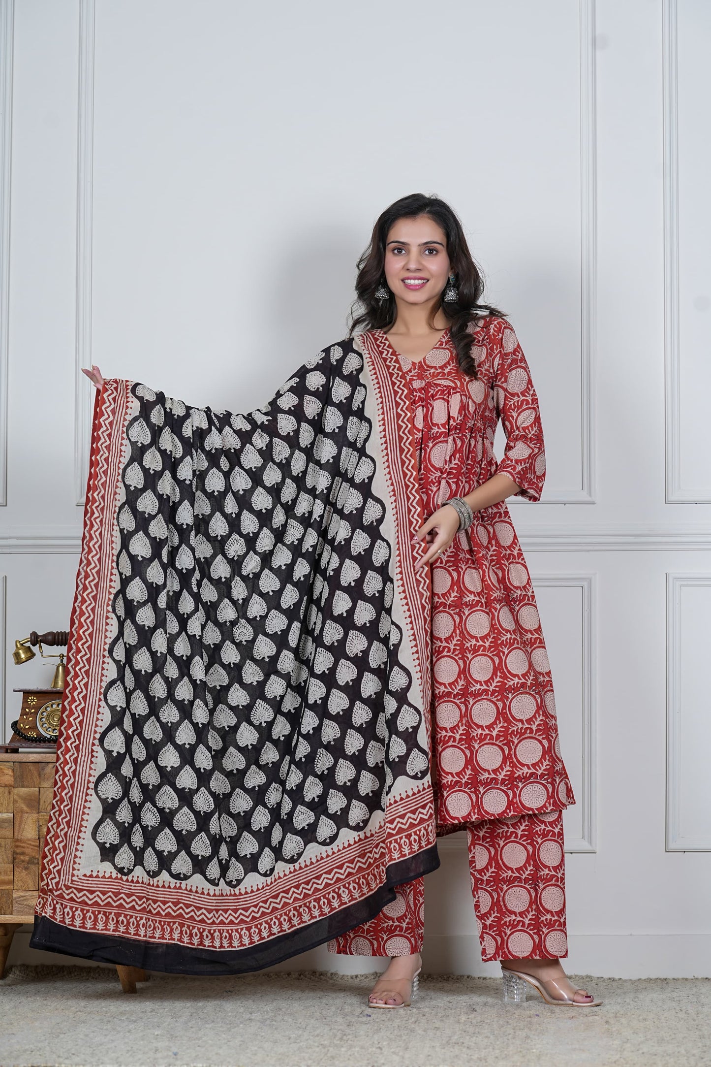 GI Tagged Handblock Printed Pure Cotton Anarkali 3-Piece Set – Premium Quality 60x60 Fabric