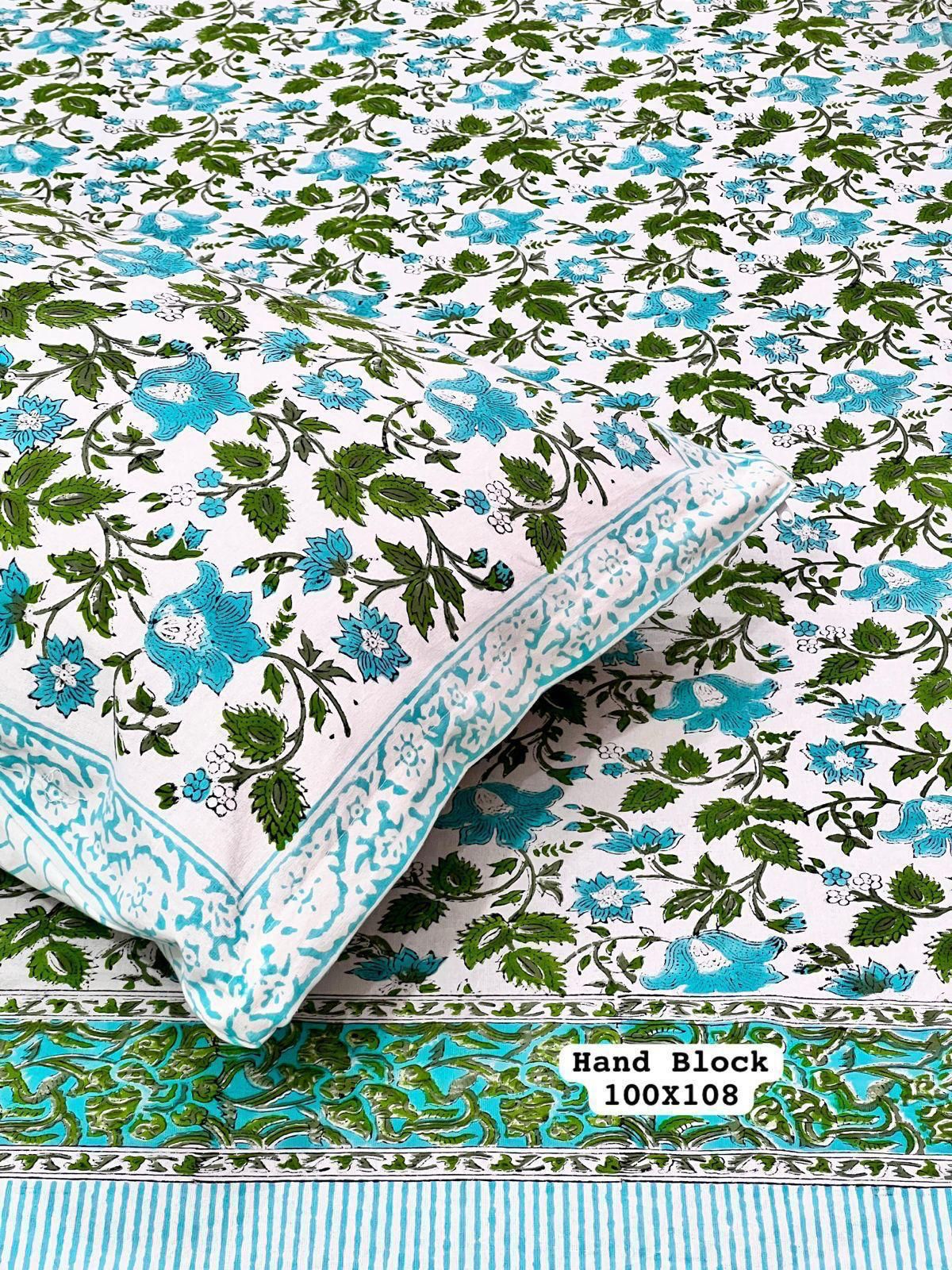 Pure Handblock King Size Cotton Bedsheet Set with 2 Reversible Zipped Pillow Covers – Premium South Cotton