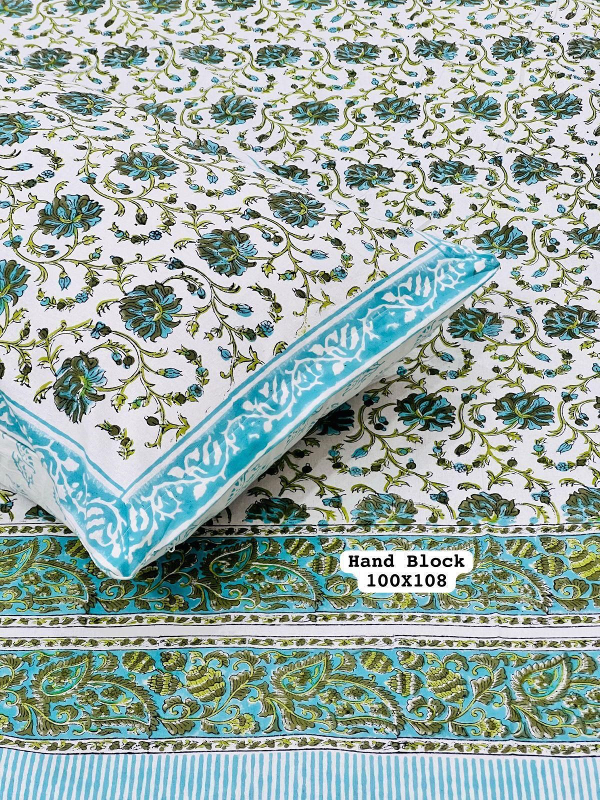 Pure Handblock King Size Cotton Bedsheet Set with 2 Reversible Zipped Pillow Covers – Premium South Cotton