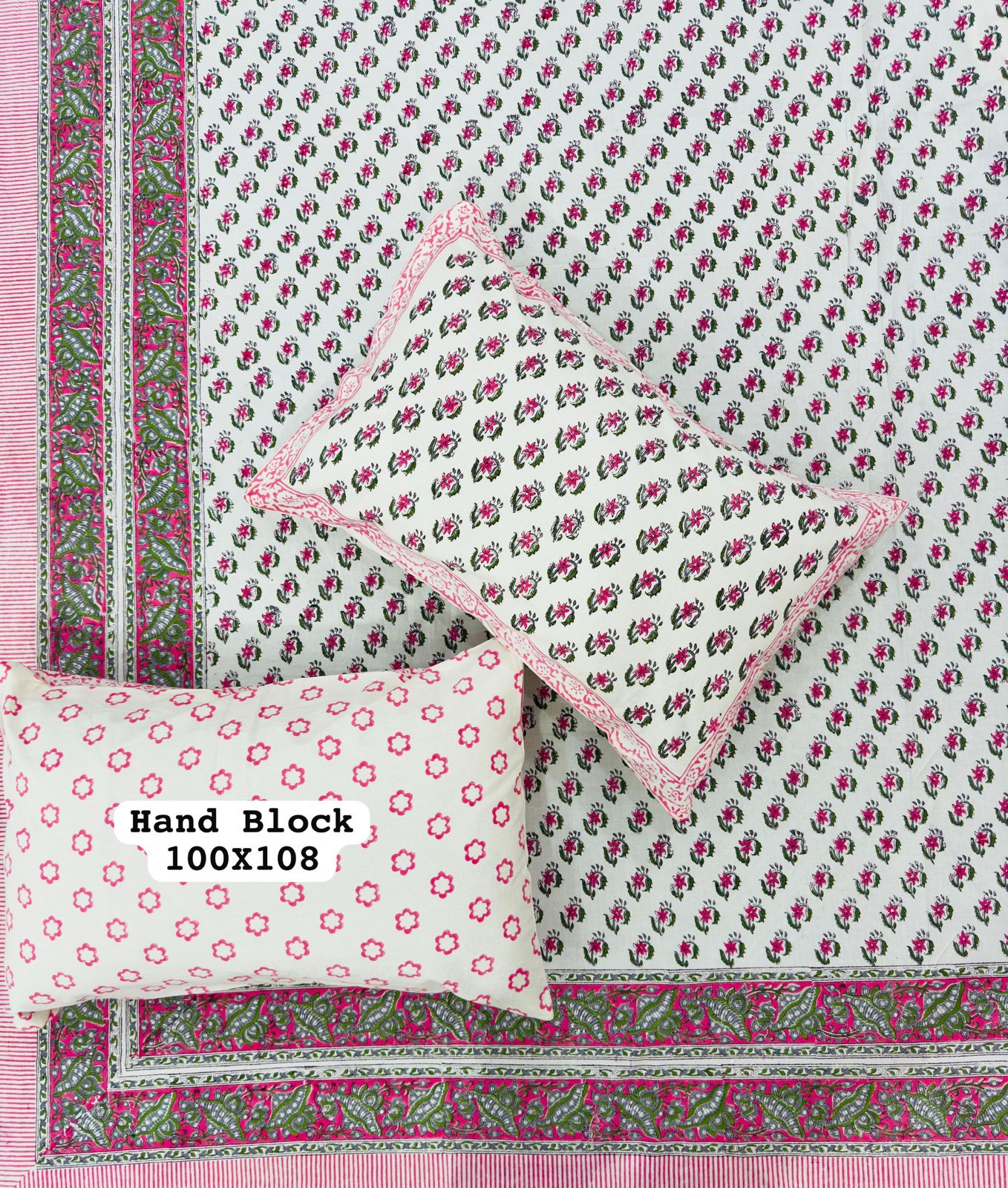 Pure Handblock King Size Cotton Bedsheet Set with 2 Reversible Zipped Pillow Covers – Premium South Cotton