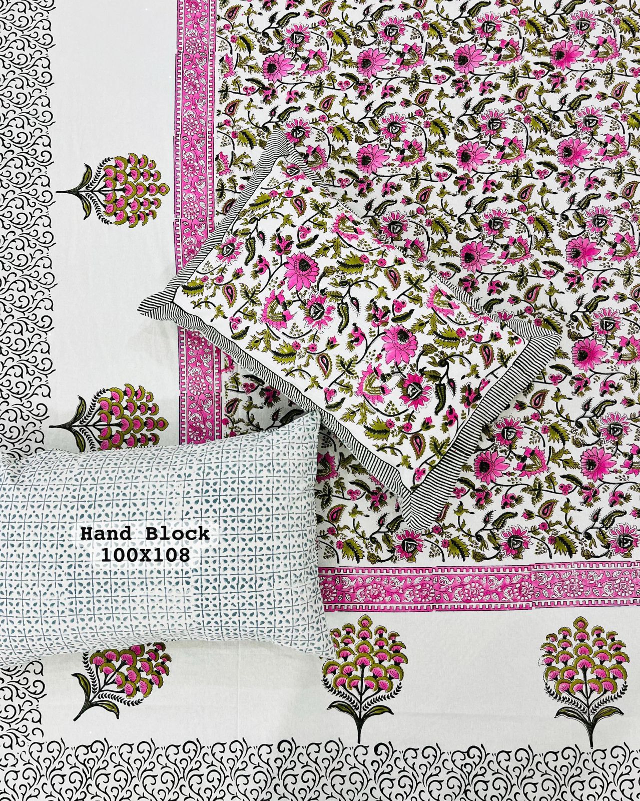 Pure Handblock King Size Cotton Bedsheet Set with 2 Reversible Zipped Pillow Covers – Premium South Cotton