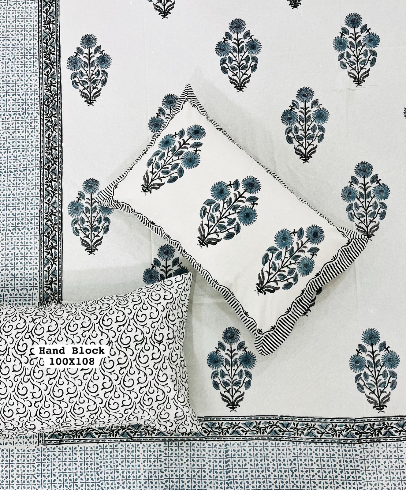 Pure Handblock King Size Cotton Bedsheet Set with 2 Reversible Zipped Pillow Covers – Premium South Cotton