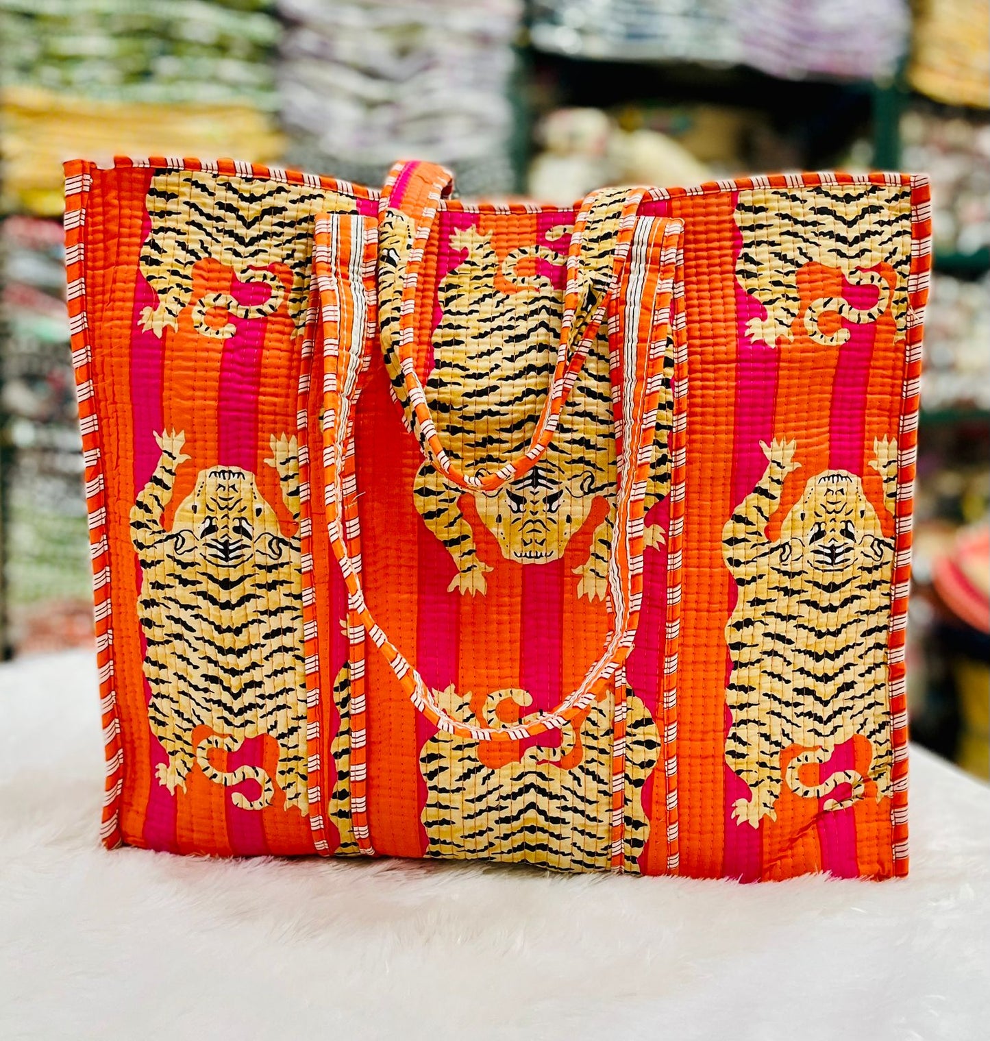 Quilted Handblock Printed Shopping Jhola |SIZE 18*18" Lightweight, Spacious with Inside Pocket & Strong Handles – Made in India