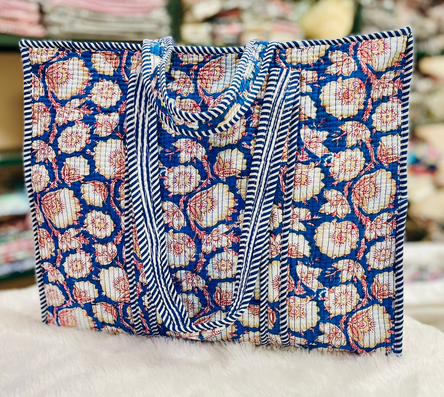 Quilted Handblock Printed Shopping Jhola |SIZE 18*18" Lightweight, Spacious with Inside Pocket & Strong Handles – Made in India