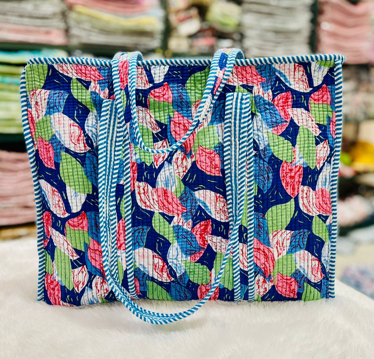 Quilted Handblock Printed Shopping Jhola |SIZE 18*18" Lightweight, Spacious with Inside Pocket & Strong Handles – Made in India