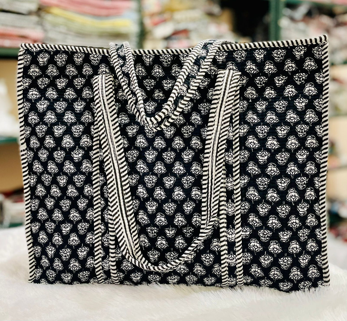 Quilted Handblock Printed Shopping Jhola |SIZE 18*18" Lightweight, Spacious with Inside Pocket & Strong Handles – Made in India