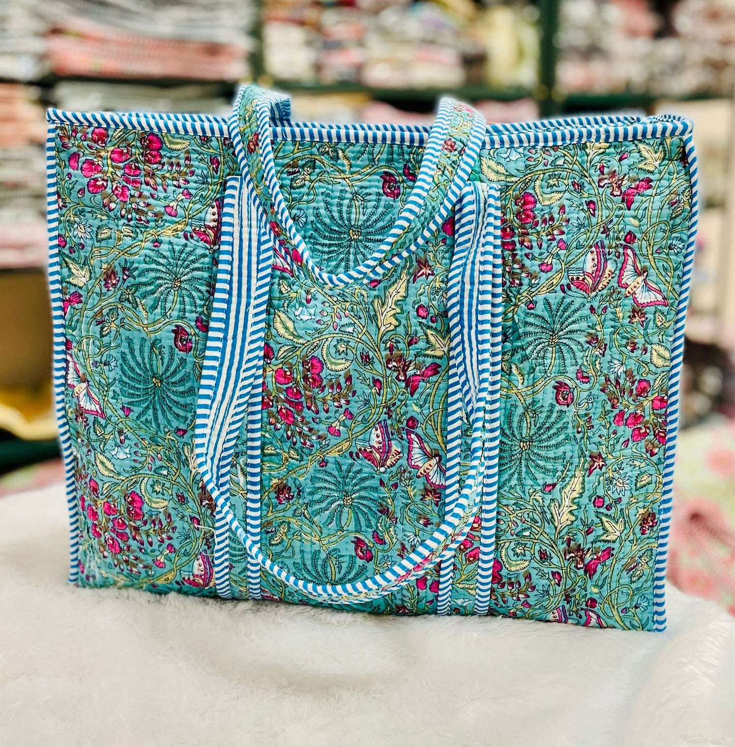 Quilted Handblock Printed Shopping Jhola |SIZE 18*18" Lightweight, Spacious with Inside Pocket & Strong Handles – Made in India