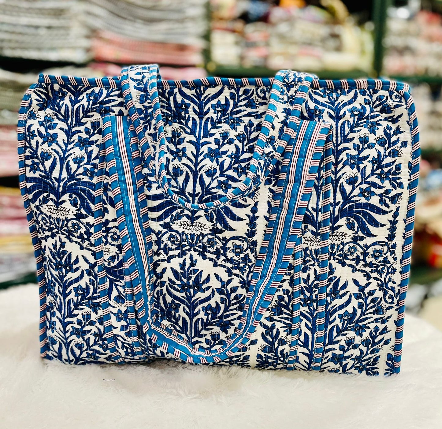 Quilted Handblock Printed Shopping Jhola |SIZE 18*18" Lightweight, Spacious with Inside Pocket & Strong Handles – Made in India