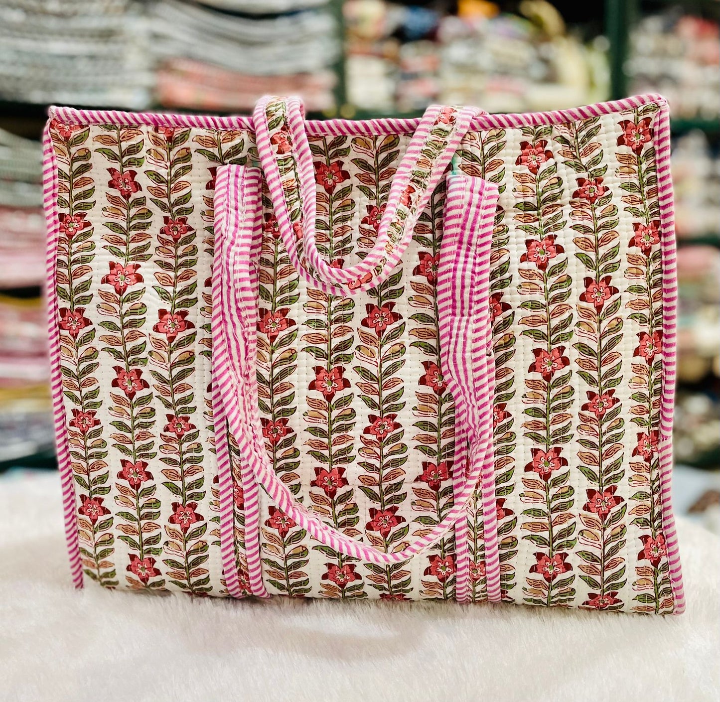 Quilted Handblock Printed Shopping Jhola |SIZE 18*18" Lightweight, Spacious with Inside Pocket & Strong Handles – Made in India