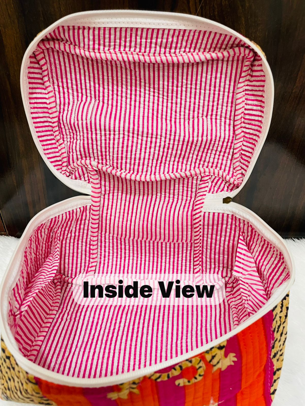 Quilted Handblock Vanity Pouch | Single Partition with Zip & Inner Pockets – House of the Handblock