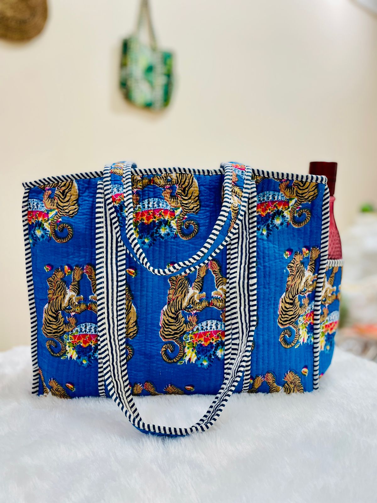 Quilted Shopping Jhola Bag – Zipper, Bottle Partition & Heavy-Duty Handles | 16x16” SIZE By House of the Handblock