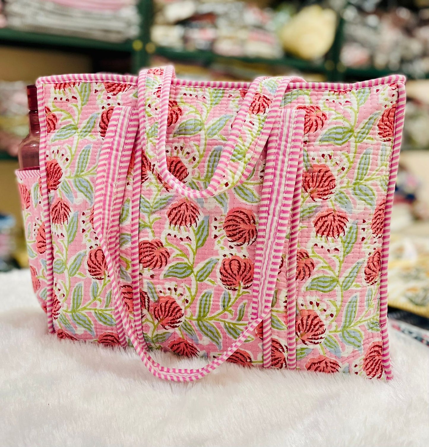 Quilted Shopping Jhola Bag – Zipper, Bottle Partition & Heavy-Duty Handles | 16x16” SIZE By House of the Handblock