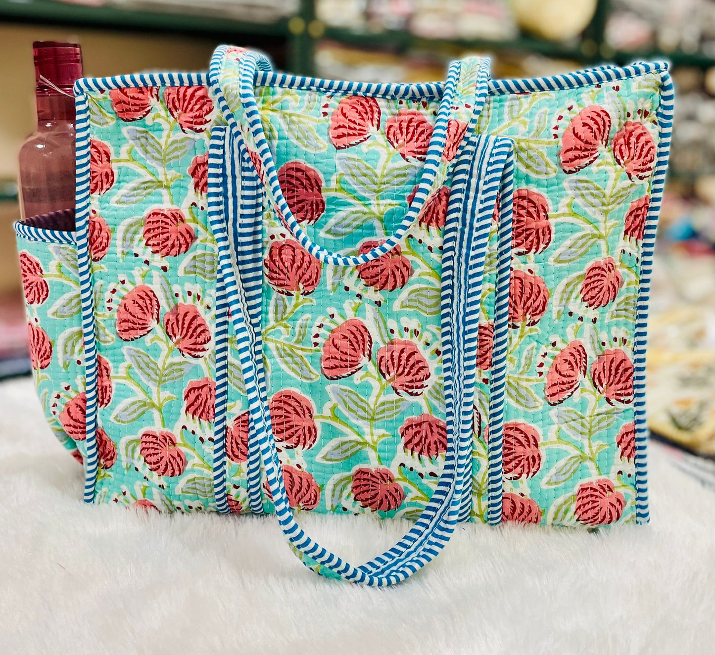 Quilted Shopping Jhola Bag – Zipper, Bottle Partition & Heavy-Duty Handles | 16x16” SIZE By House of the Handblock