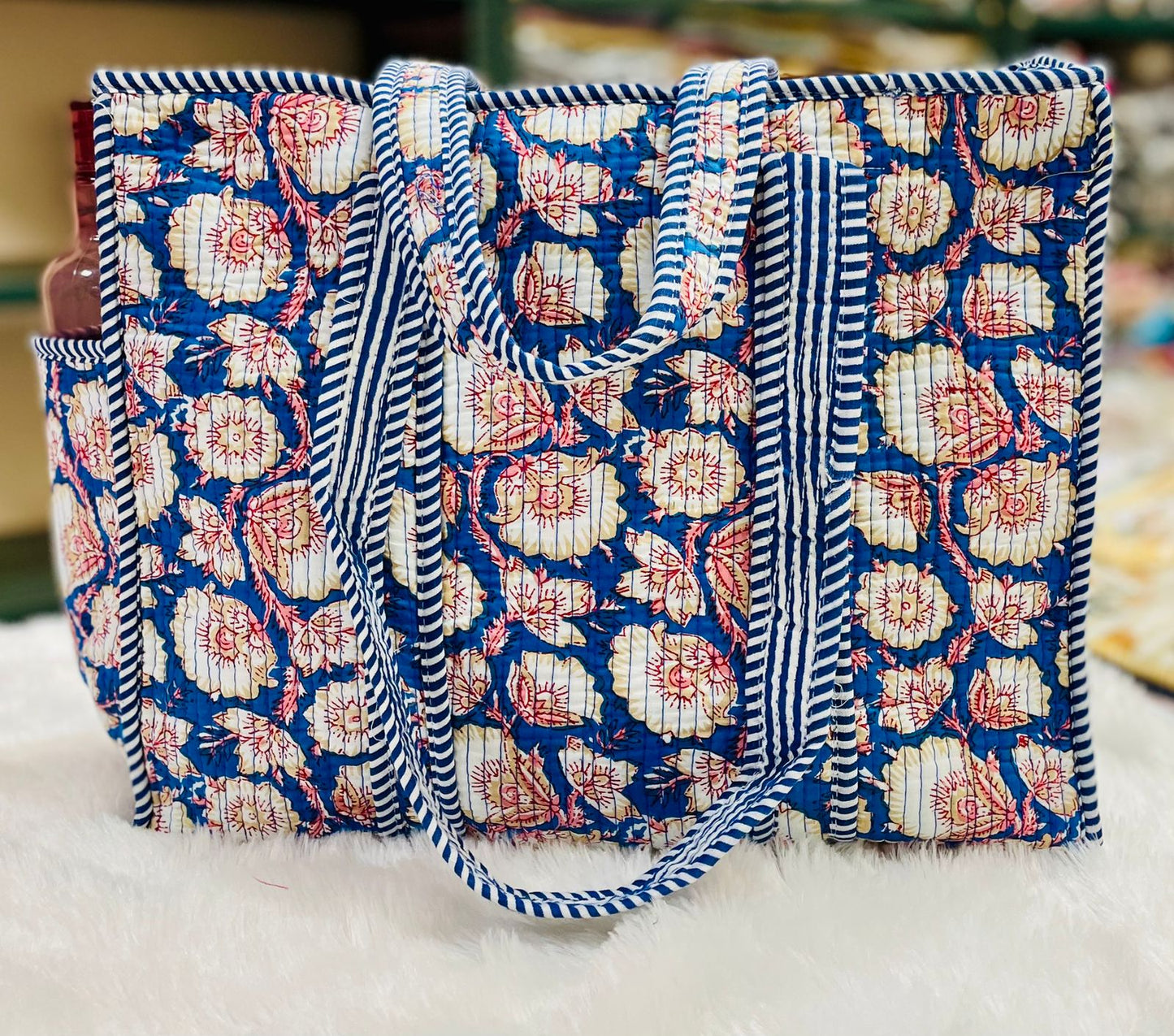 Quilted Shopping Jhola Bag – Zipper, Bottle Partition & Heavy-Duty Handles | 16x16” SIZE By House of the Handblock