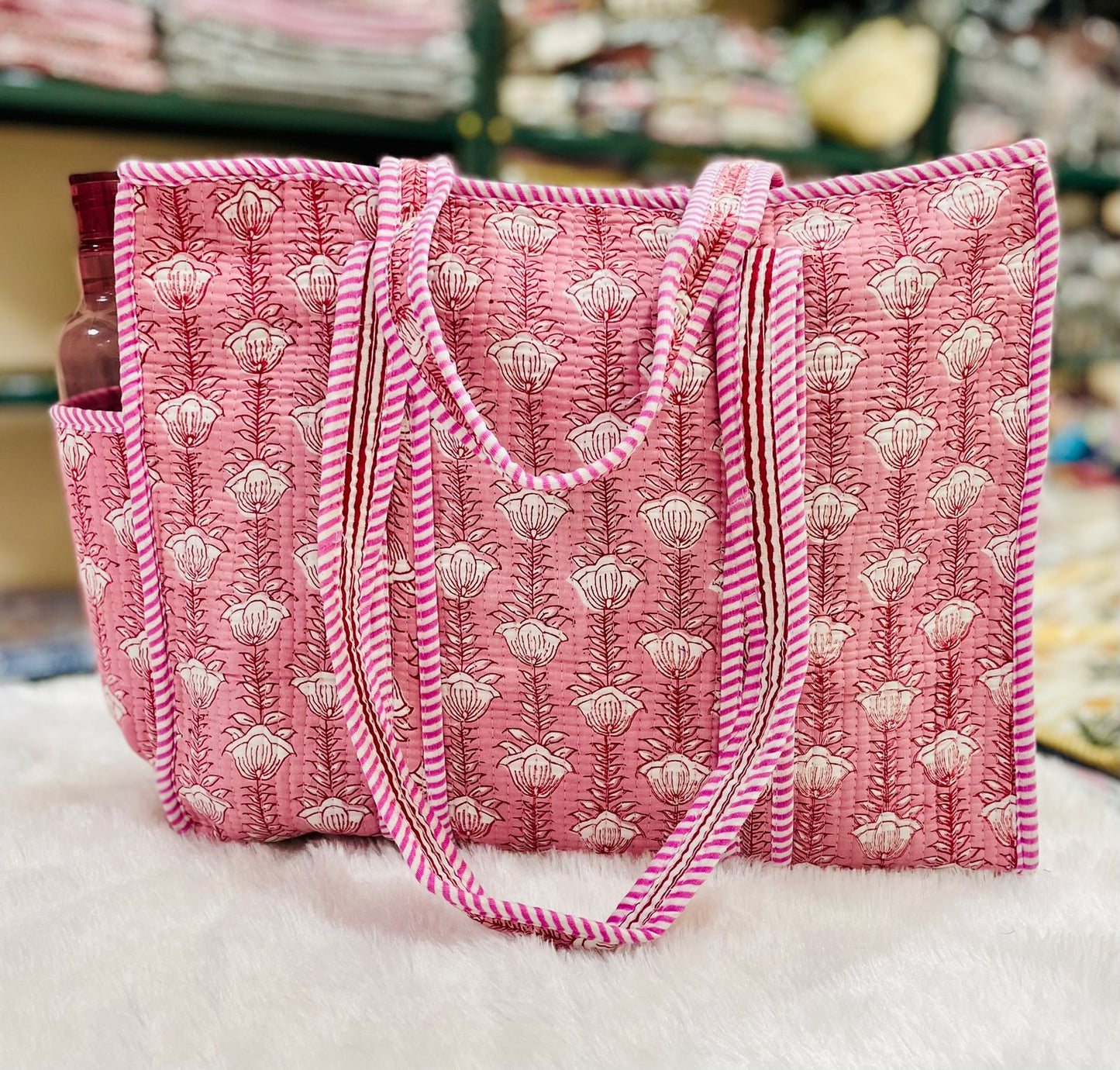 Quilted Shopping Jhola Bag – Zipper, Bottle Partition & Heavy-Duty Handles | 16x16” SIZE By House of the Handblock