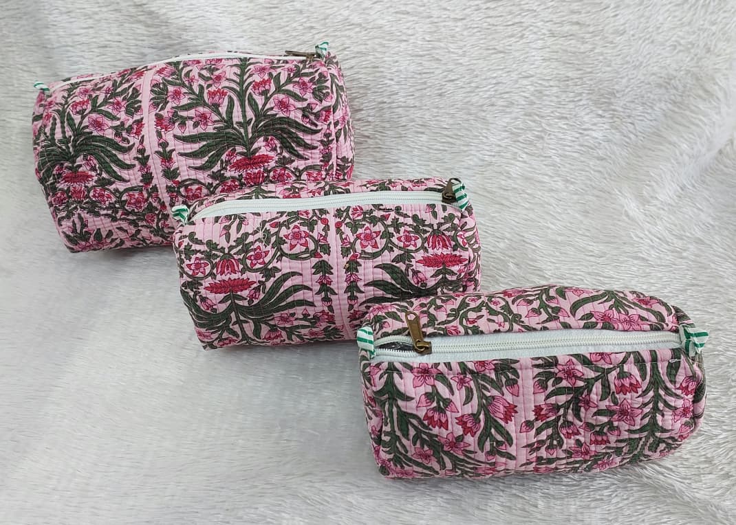 The Cotton Quilted Travel Pouches | Set of 3 | Multipurpose Makeup, Toiletry & Travel Kits – House of the Handblock