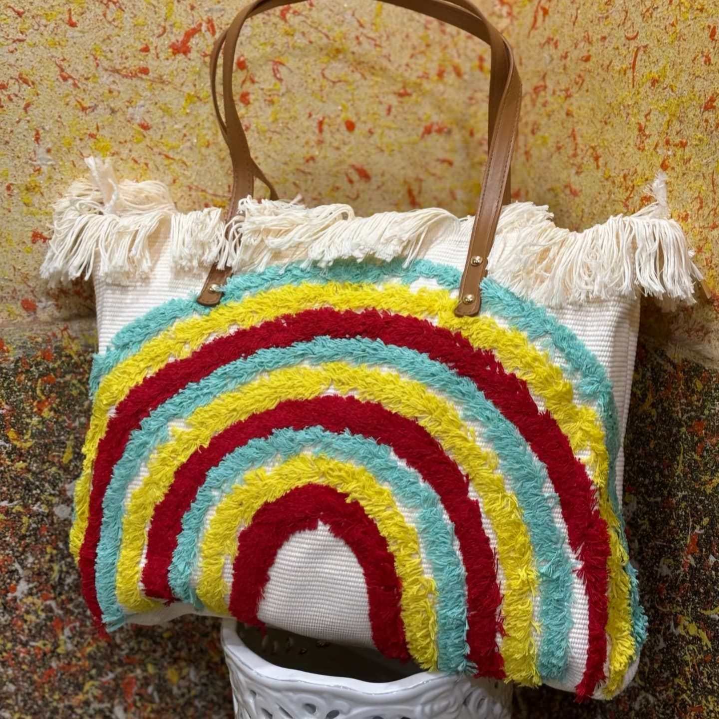 The Rainbow Tote Bag | Handcrafted Canvas Bag with Front Handwork | Big Size 18x16 – House of the Handblock