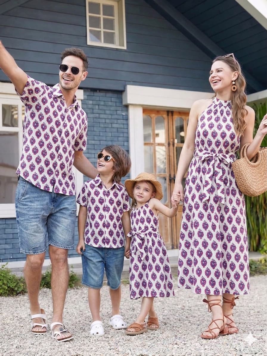 Family Twinning Vacation Collection | Soft Handblock Cotton Halter Neck Dresses & Shirts for Entire Family | Infant to 8XL