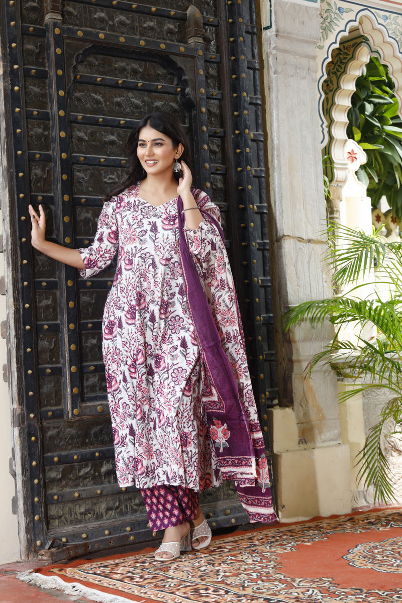 Festive Wear Jaipuri Cotton Suit Set for Women – Kurta, Pant & Dupatta- House Of The Handblock