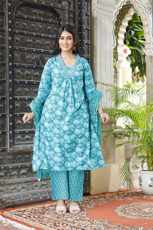 Festive Wear Jaipuri Cotton Suit Set for Women – Kurta, Pant & Dupatta- House Of The Handblock