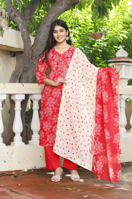 Festive Wear Jaipuri Cotton Suit Set for Women – Kurta, Pant & Dupatta- House Of The Handblock