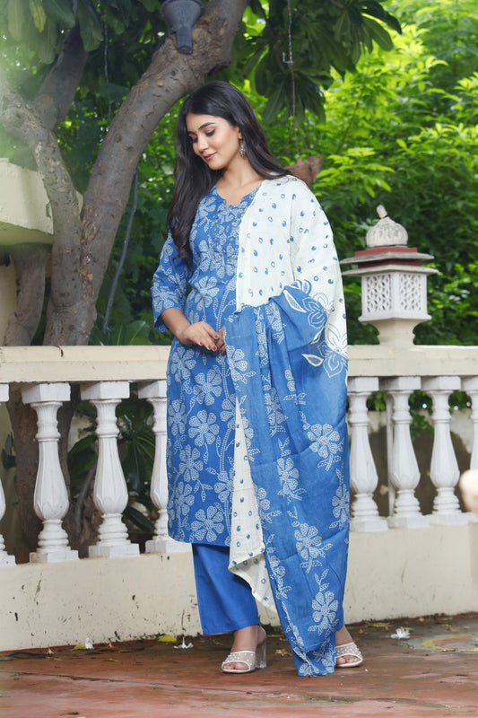 Festive Wear Jaipuri Cotton Suit Set for Women – Kurta, Pant & Dupatta- House Of The Handblock